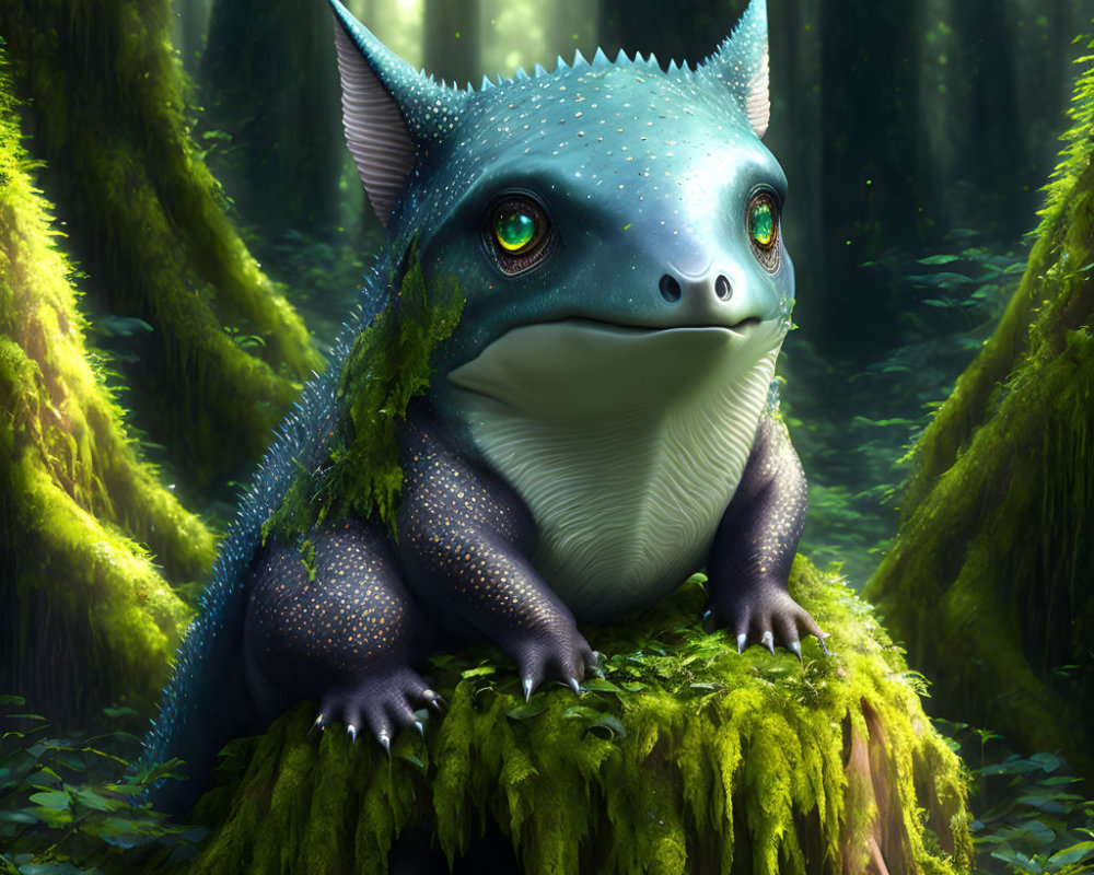 Blue lizard-frog creature on mossy stump in lush forest