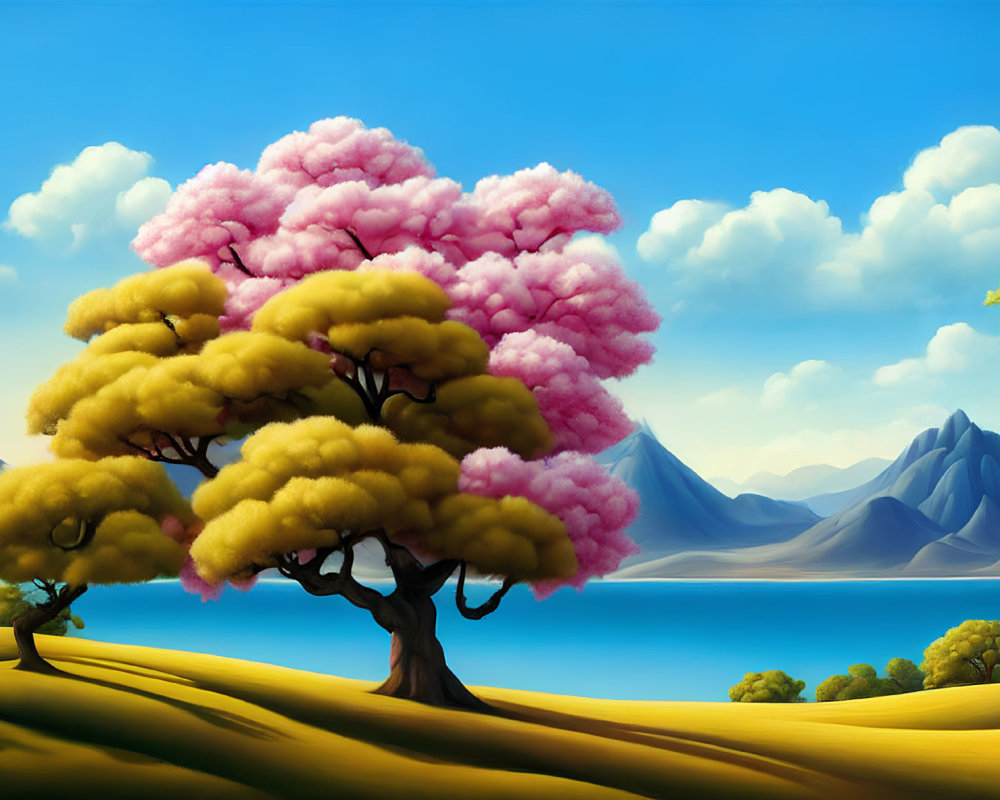 Vibrant yellow fields, pink and golden trees, mountains, lake in serene landscape