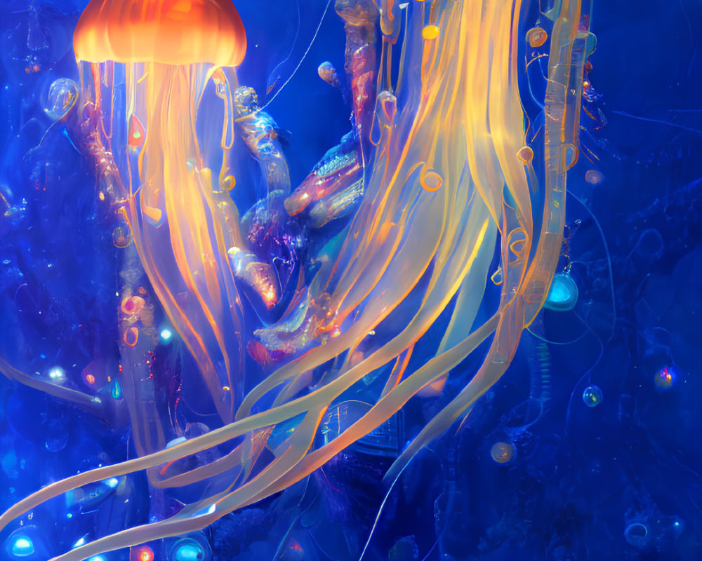 Luminescent jellyfish in deep blue underwater scene