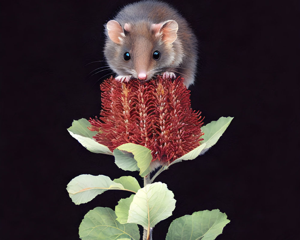 Tiny mouse on red flower in black background