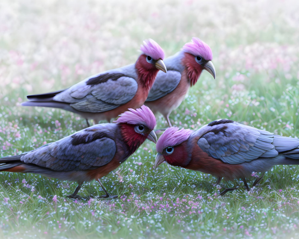 Vividly Colored Birds Amid Pink Flowers