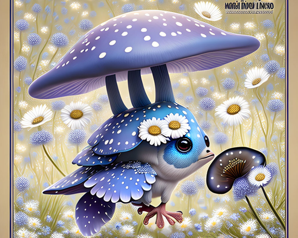 Illustration of Bird with Mushroom Body and Daisy-Patterned Wings in Night Field