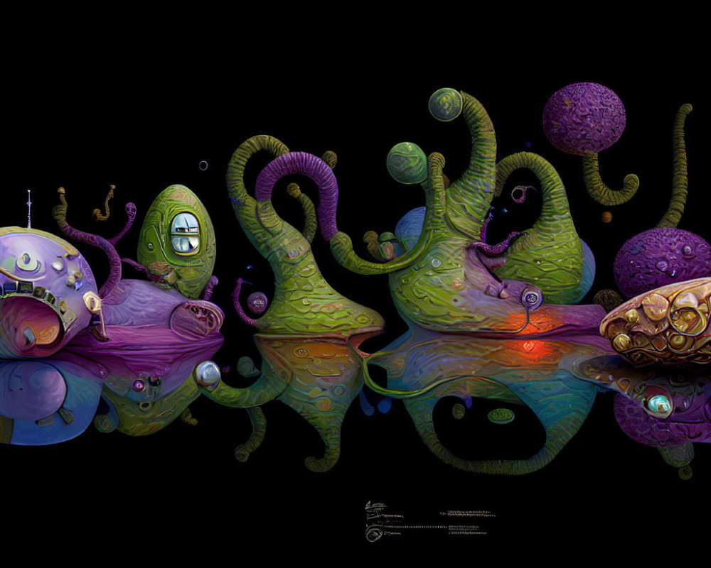 Vibrant illustration of alien creatures with tentacles and eyes in dark space