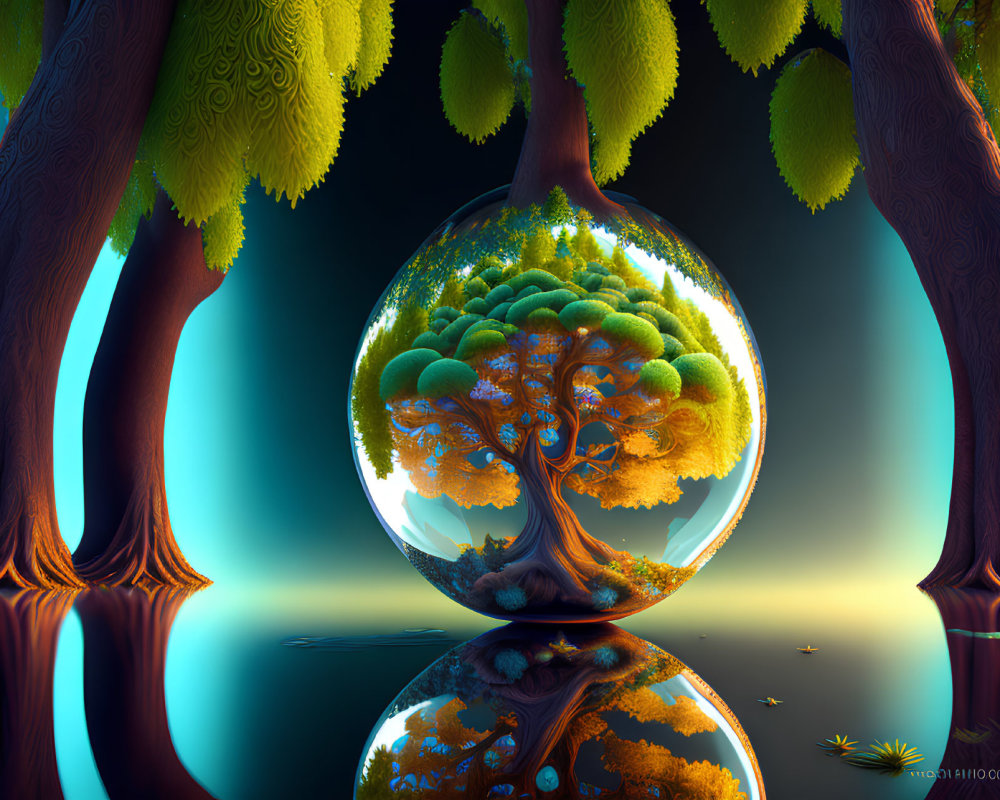 Fantastical landscape with oversized tree in transparent sphere surrounded by towering trees reflected in calm water