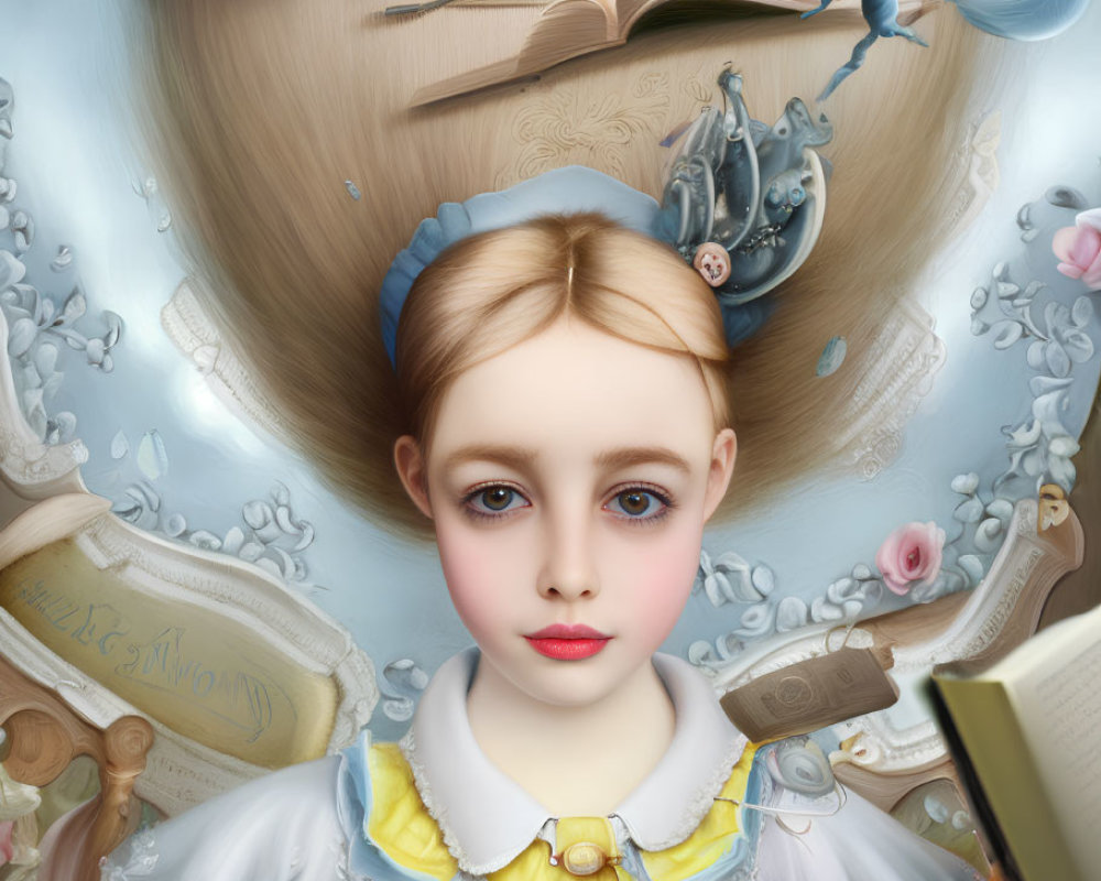 Whimsical portrait of girl in vintage dress with big eyes and flying objects