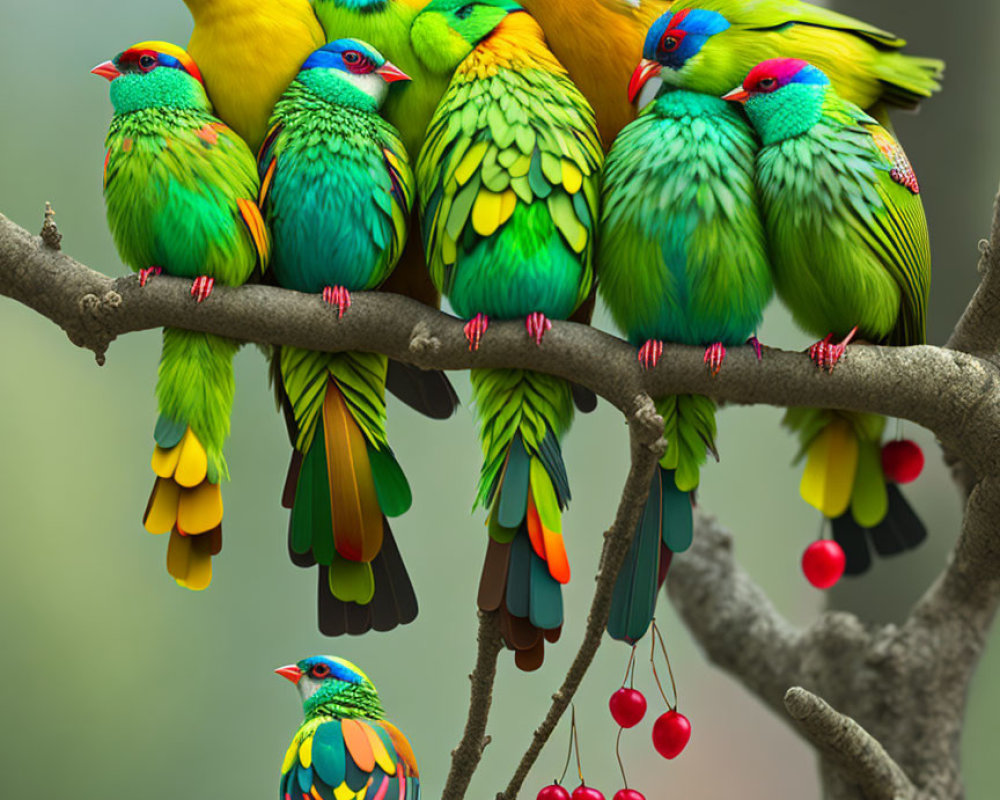 Colorful Tropical Birds Perched on Tree Branch with Red Berries