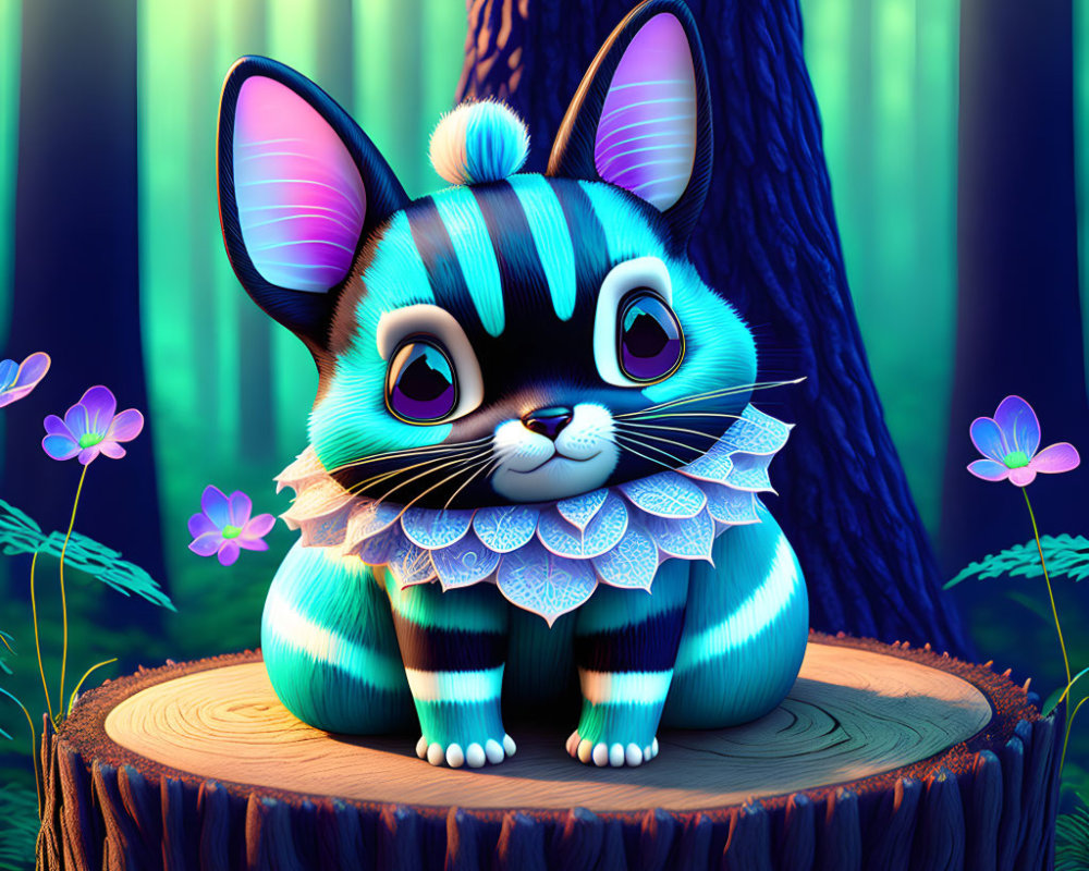 Blue-Striped Stylized Cat Artwork in Neon-Lit Forest