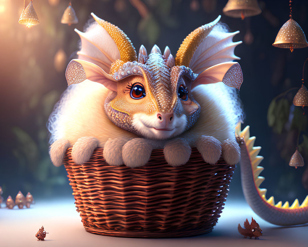 Whimsical dragon with big eyes in basket surrounded by lanterns and mini figures