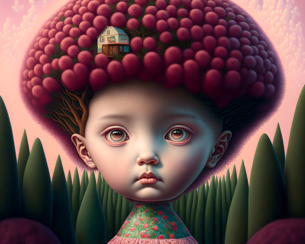 Child with house and trees on head in surreal artwork