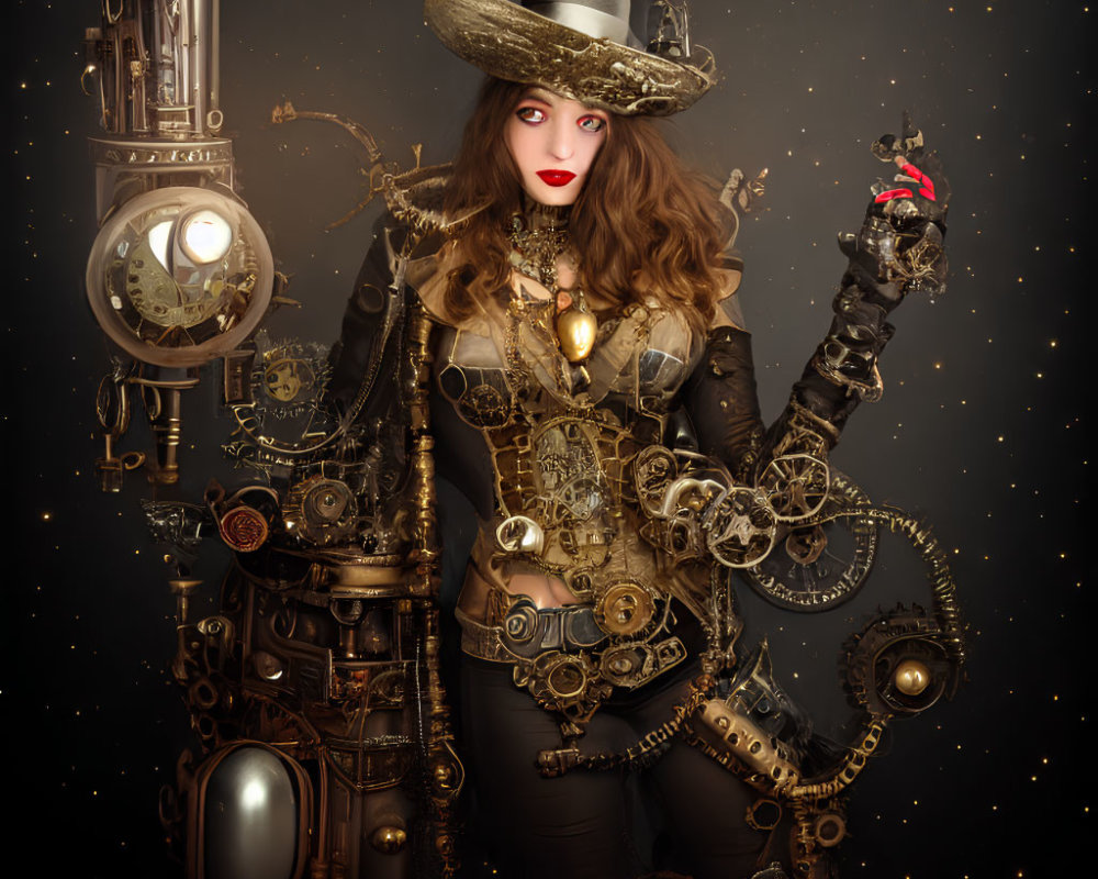 Elaborate Steampunk Outfit with Gears on Woman against Starry Backdrop