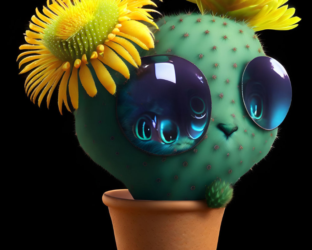 Anthropomorphic cactus with blue eyes and yellow flowers in clay pot