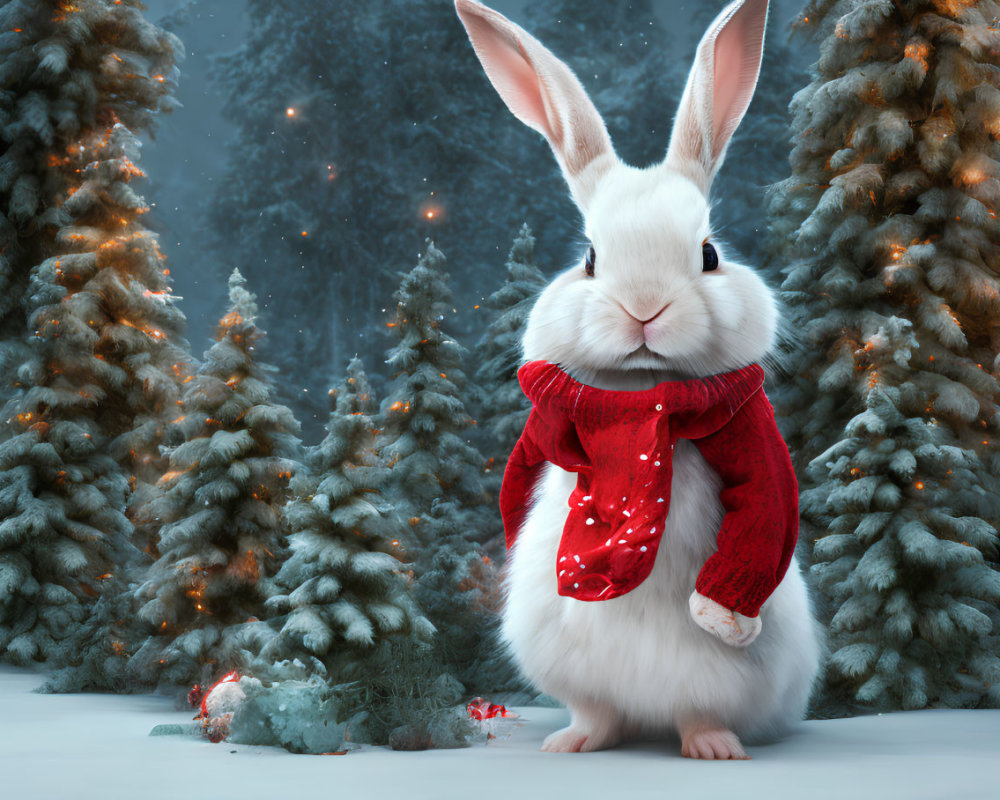 Fluffy White Rabbit in Red Scarf Among Snowy Pine Trees