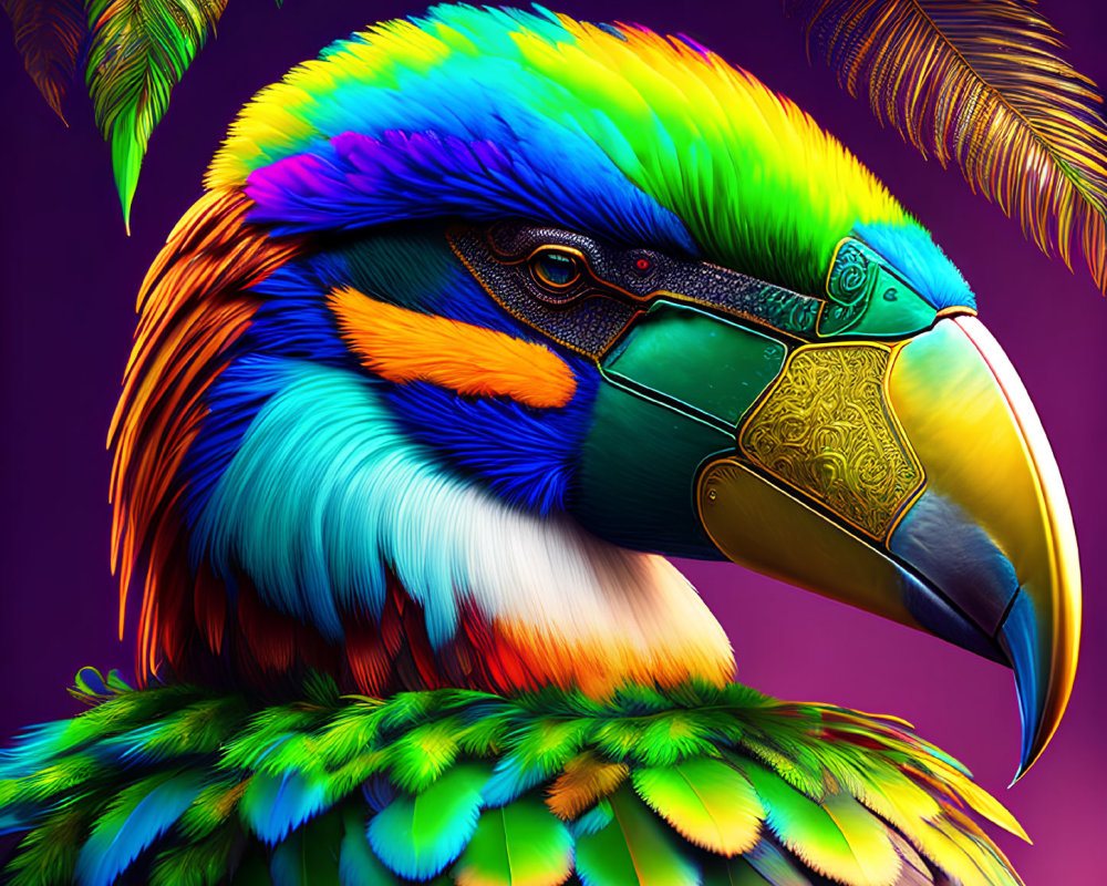 Colorful Toucan Digital Artwork with Rainbow Feathers and Ornate Patterns