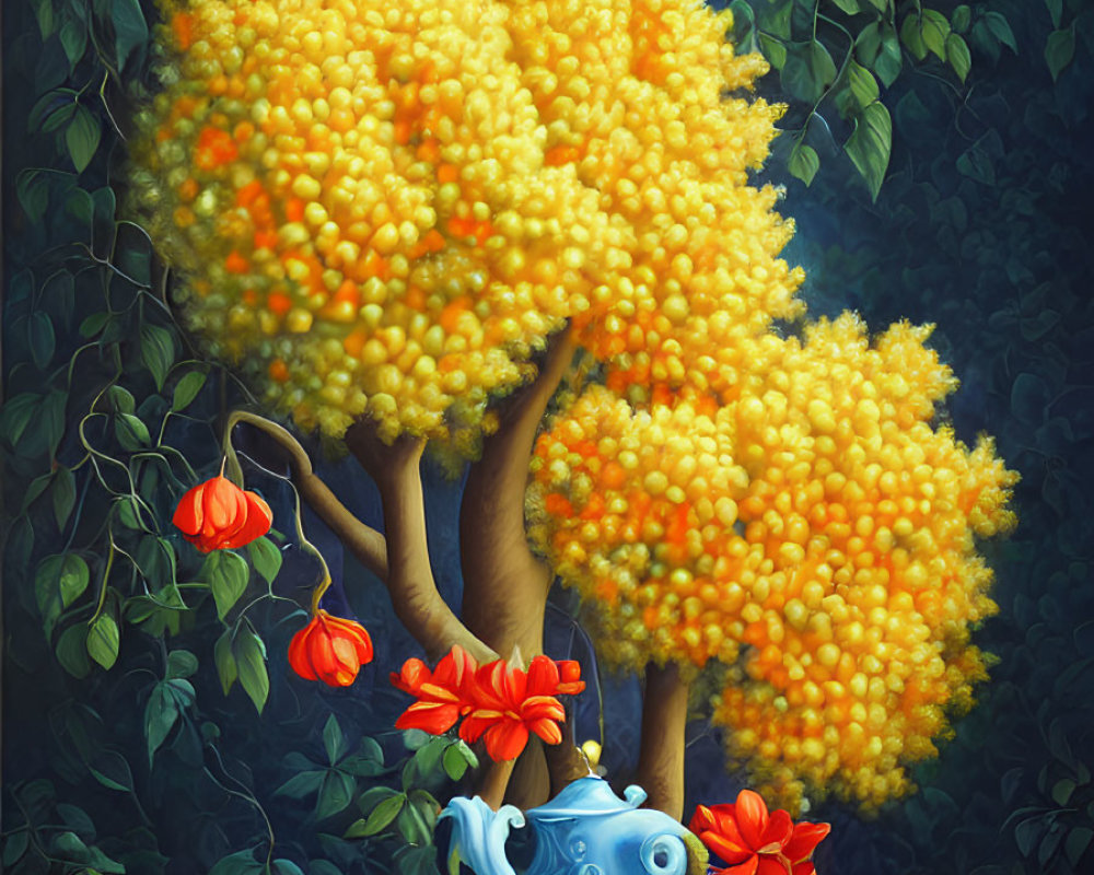 Colorful painting of golden-yellow tree with red flowers on blue cloth table, against dark background.