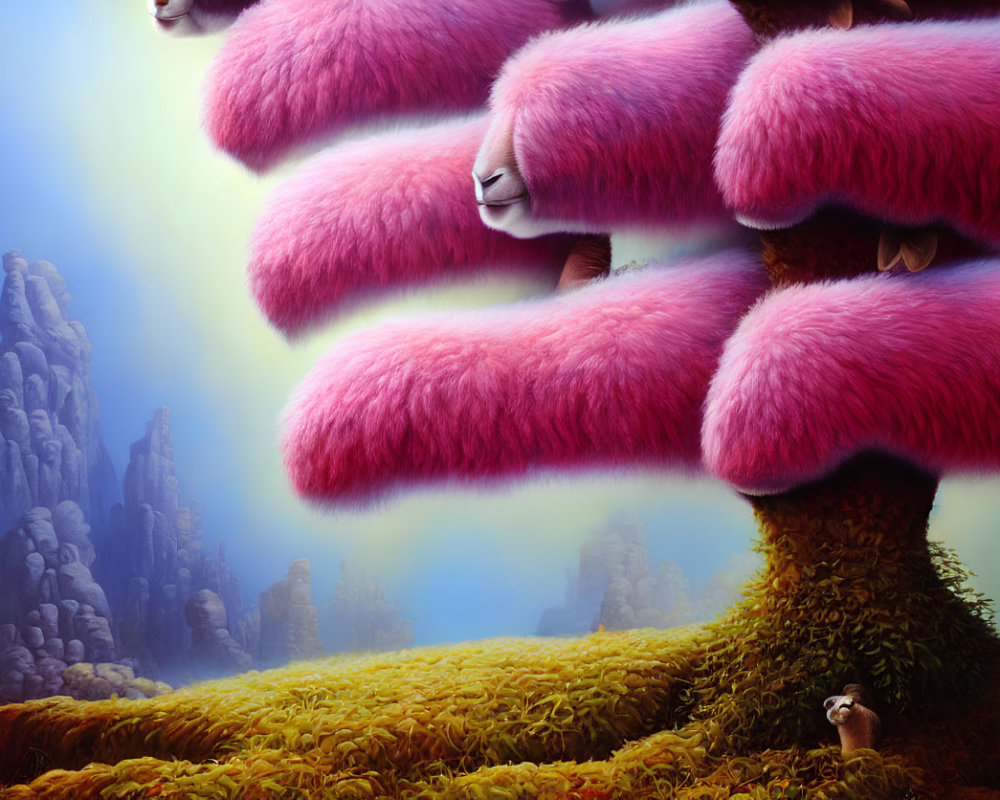 Unique surreal landscape with pink furry trees, faces, rock formations, and cloudy sky