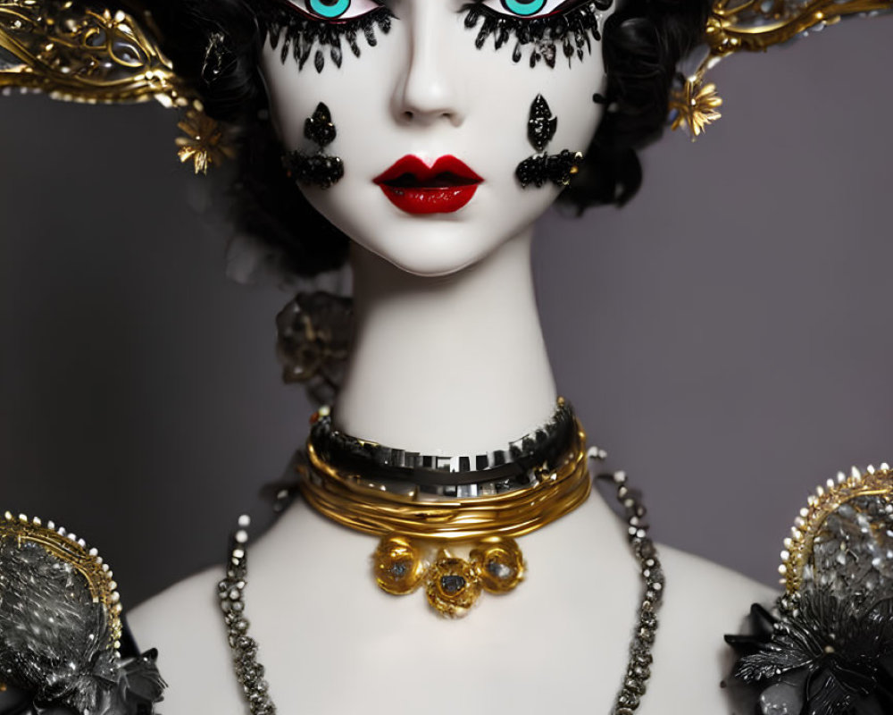 Detailed Gothic Doll with Black & Gold Attire & Elaborate Accessories