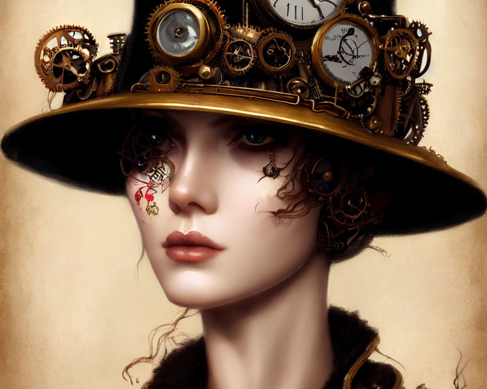 Steampunk-style digital artwork of a woman with mechanical hat.