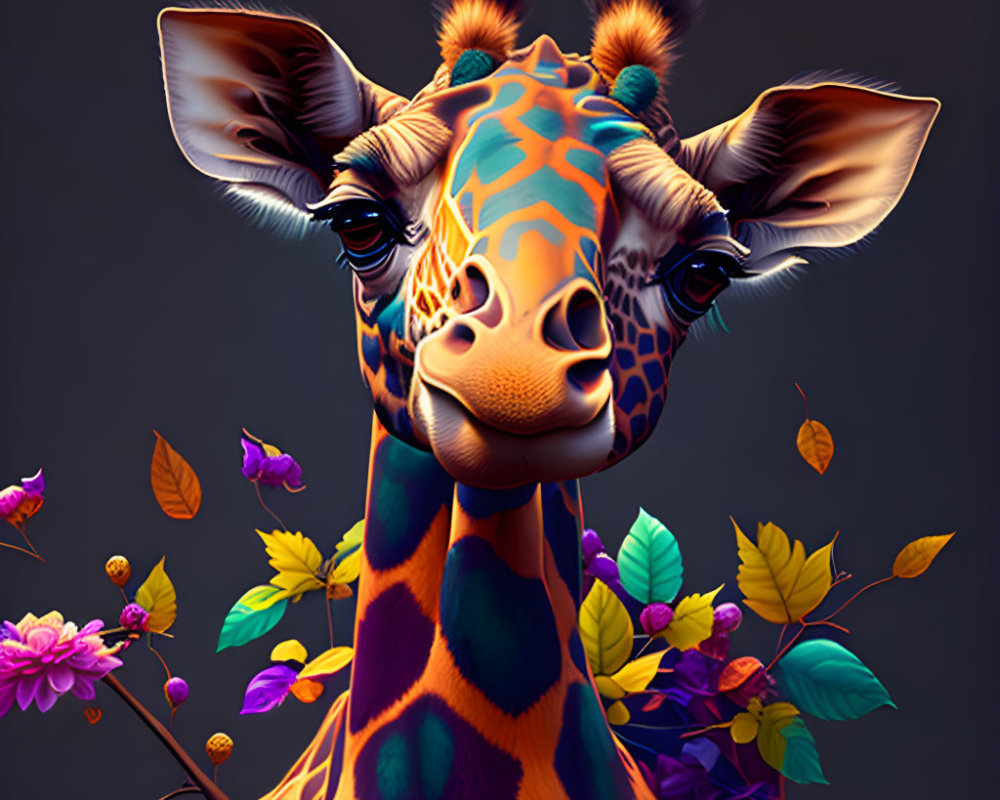 Colorful Giraffe Illustration with Whimsical Foliage and Flowers