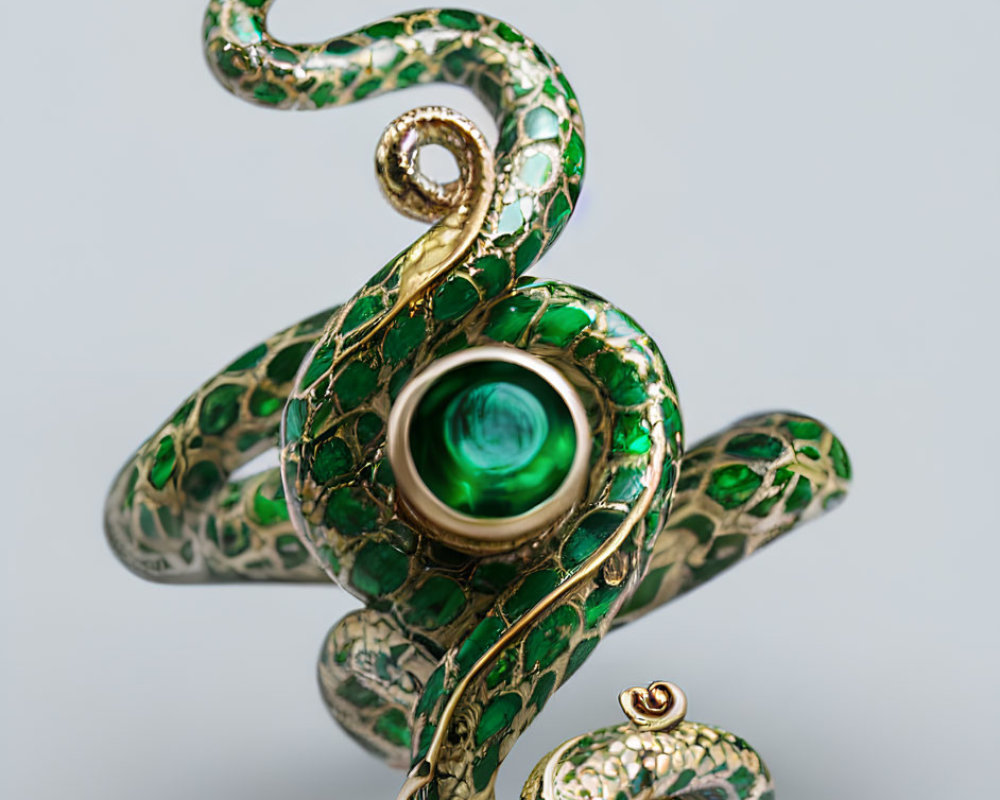 3D-rendered image of coiled jeweled snake with emerald scales and gold details