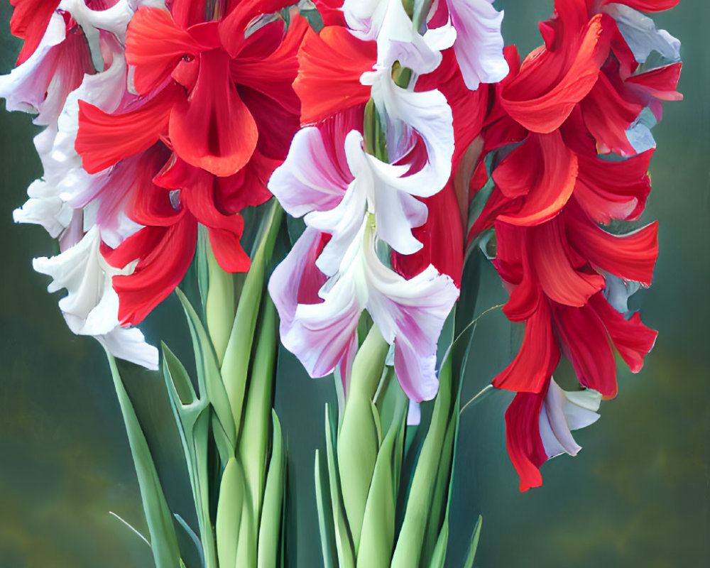 Red and White Gladiolus Flowers in Teacup Under Cloudy Sky