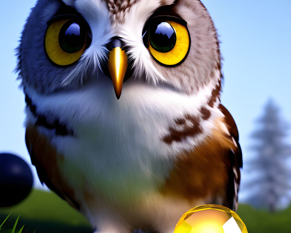 Stylized 3D illustration of owl with yellow eyes on grassy field