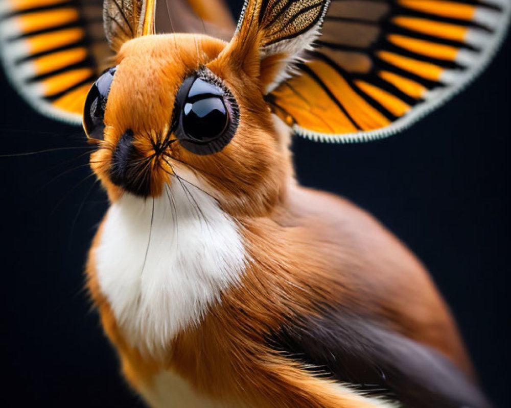 Whimsical bird-bodied creature with butterfly wings on branch against black background