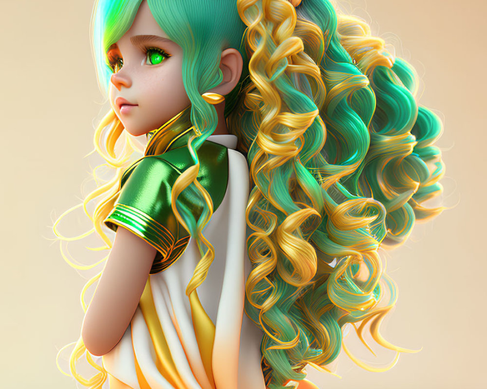 Digital illustration: Girl with curly green and blonde hair, green eyes, golden arm cuffs, and white