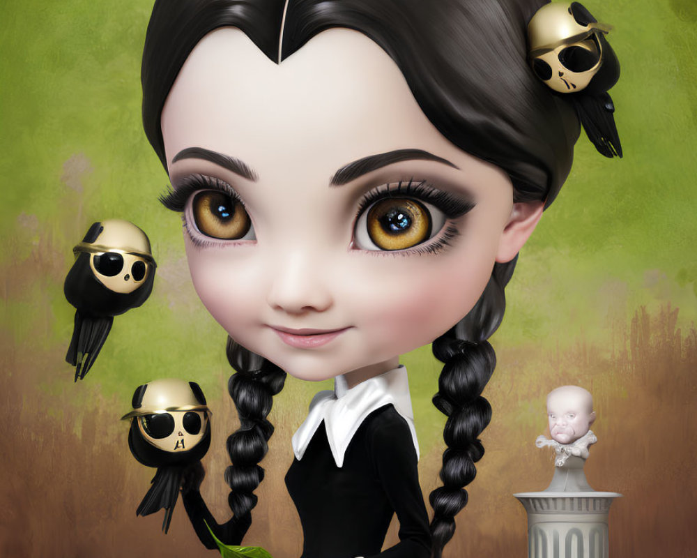 Detailed stylized illustration of girl with large eyes, braided hair, dark dress, holding green potion