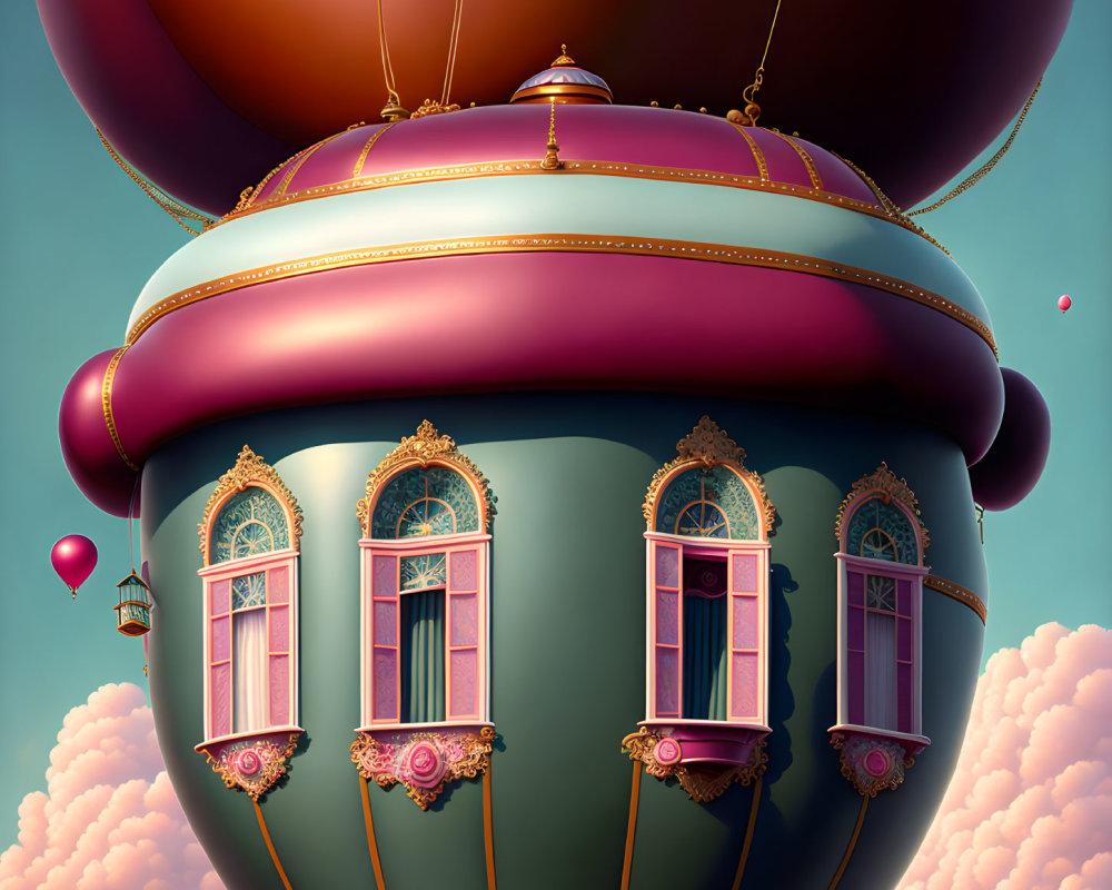 Ornate hot air balloon building with detailed windows in cloudy sky