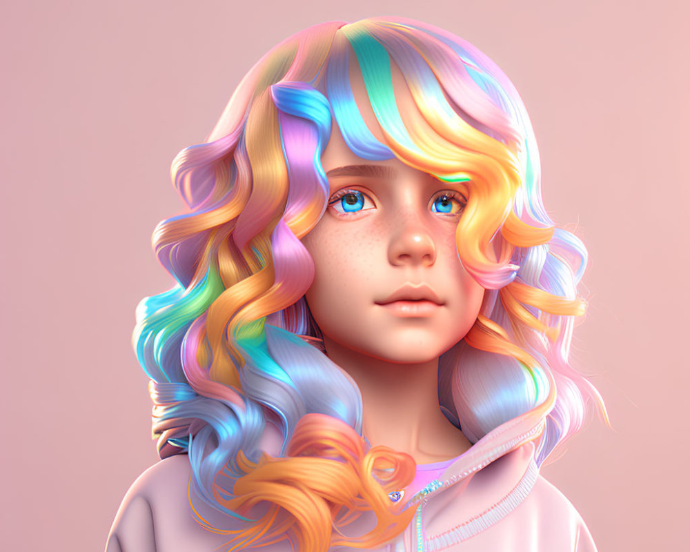 Colorful Digital Art Portrait of Young Girl with Rainbow Hair and Pink Hoodie