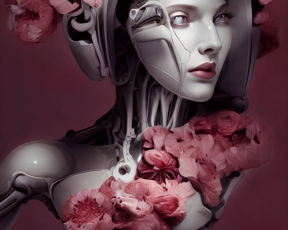 Female Android with Floral Headpiece and Mechanical Body on Pink Background