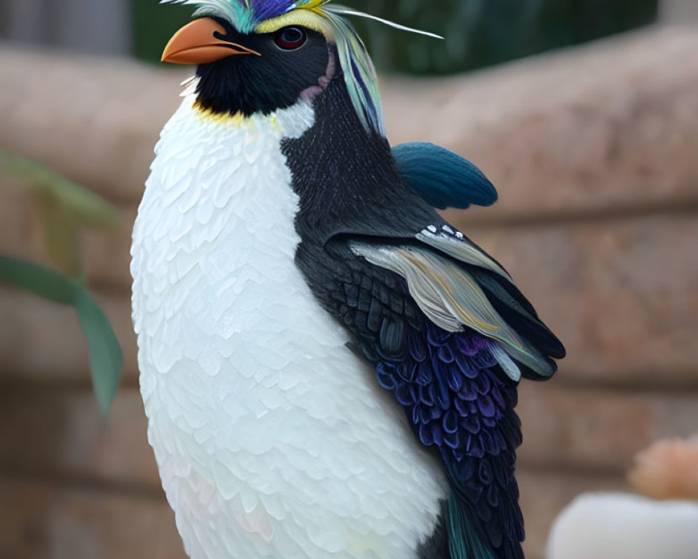 Colorful stylized bird with crest on floral surface in white, black, and blue plumage