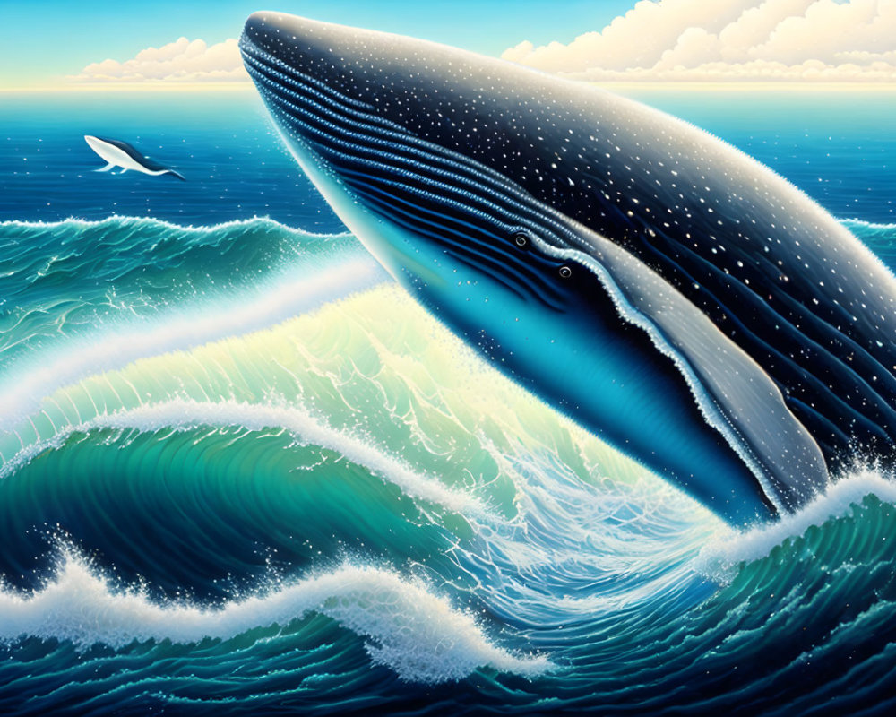 Detailed Illustration of Colossal Blue Whale Breaching in Ocean Wave