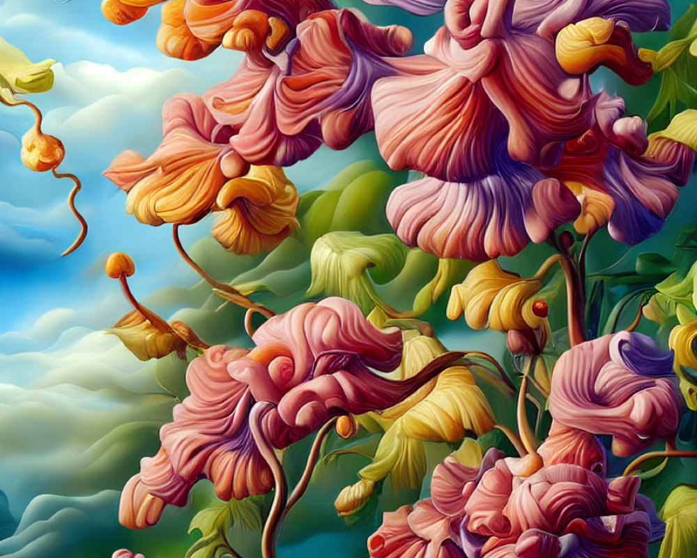 Colorful surreal painting: Exaggerated flowers against blue skies