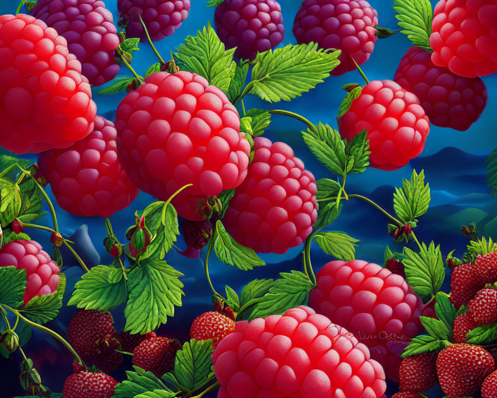 Colorful illustration of ripe raspberries on a blue and indigo background