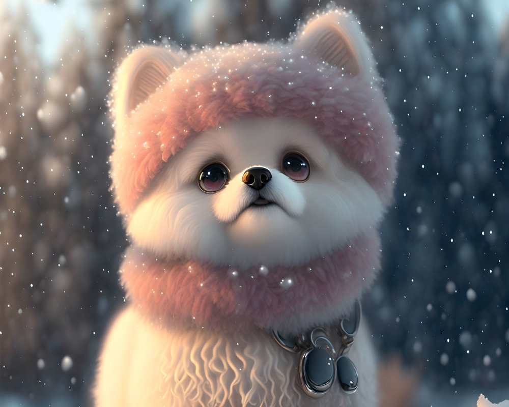 Peach Pomeranian in scarf and hat with snowflakes in winter forest