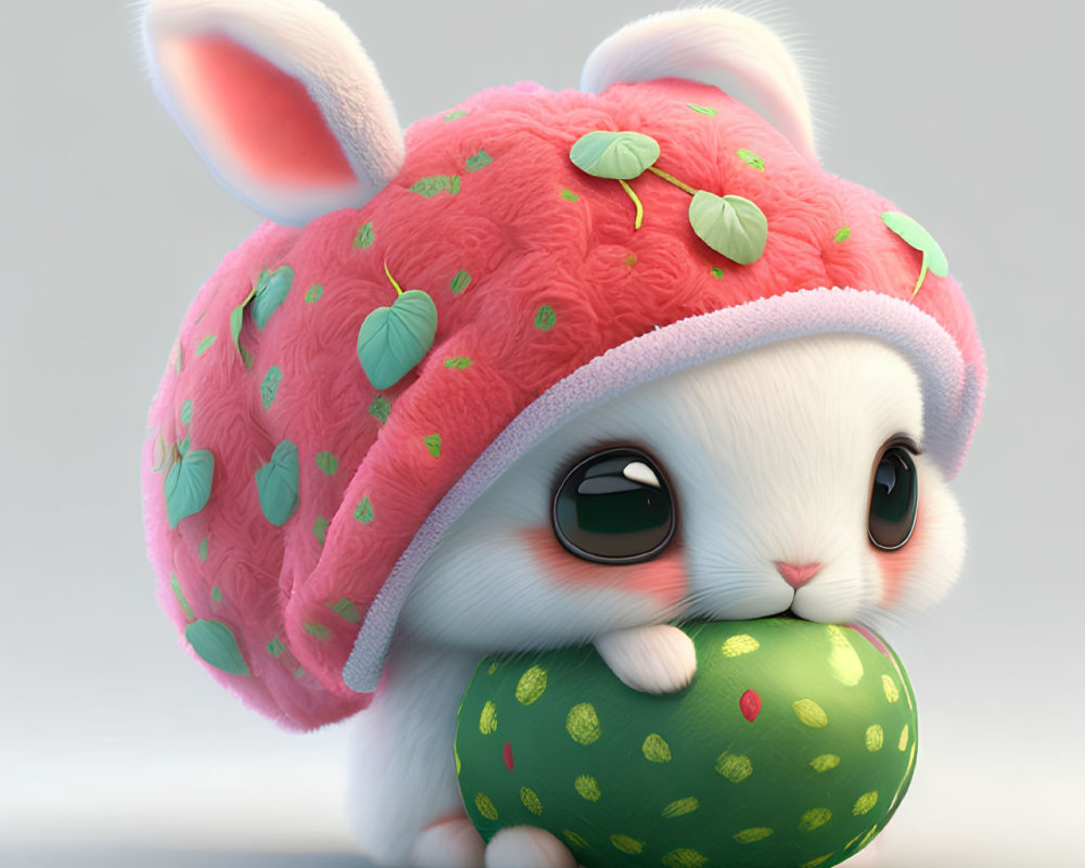 Animated rabbit in pink strawberry hat hugging green watermelon