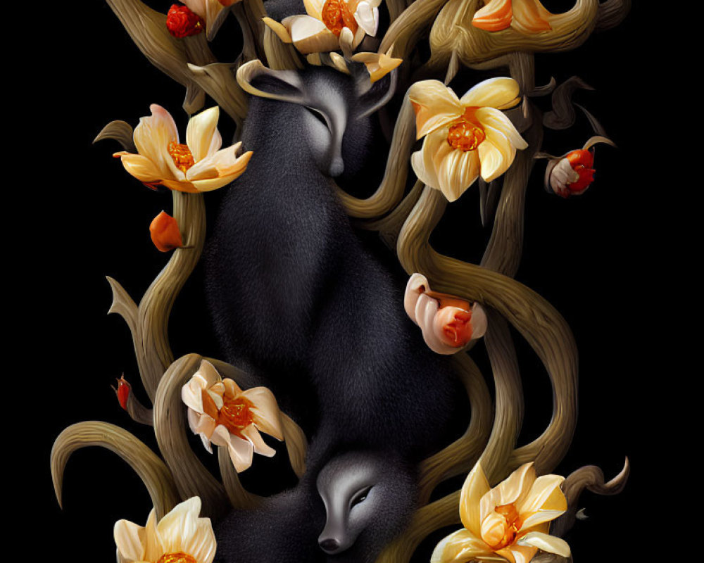 Surreal artwork: Antelope merges with wooden branches and flowers