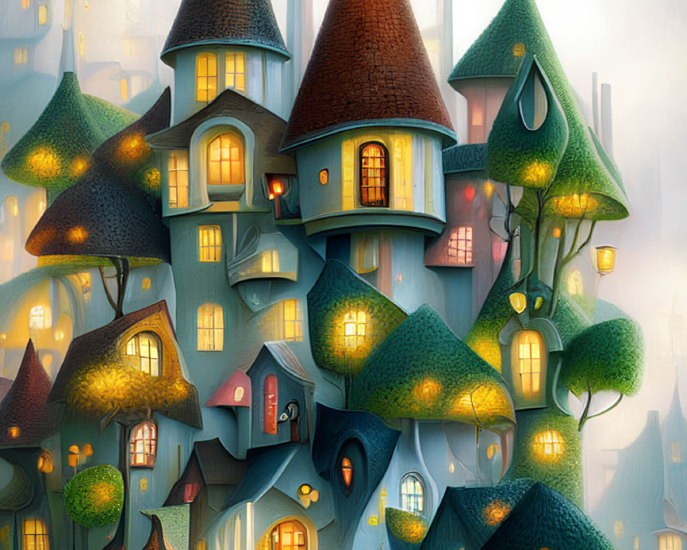 Fantasy houses with turrets and lush trees in misty setting