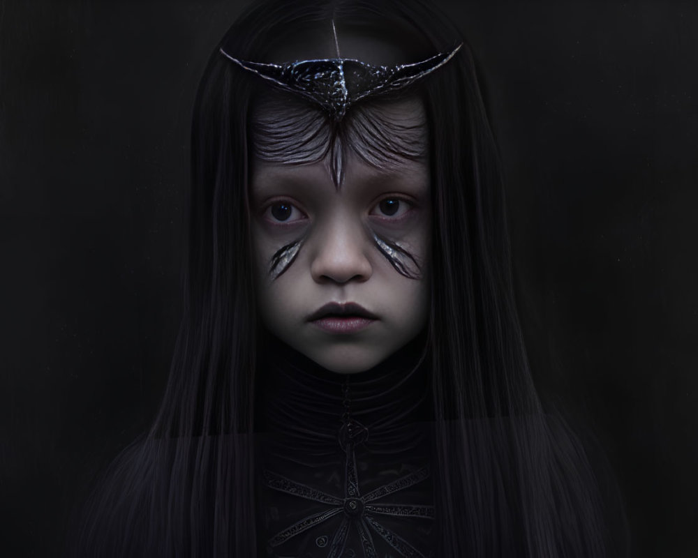 Dark-haired child in horned headpiece and ornate garment on dark background