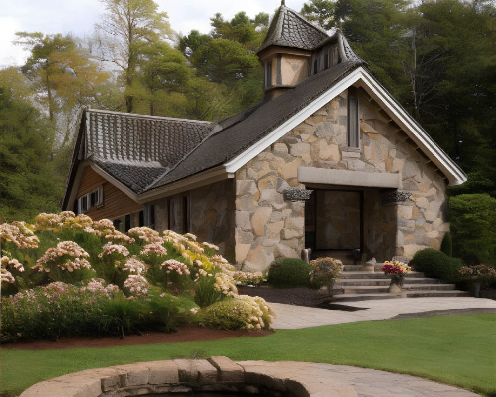 Stone house with pitched roof and well in garden