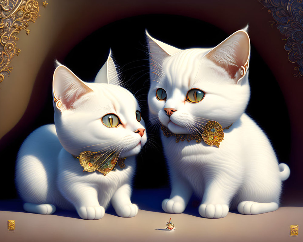 Two white cats with golden eyes wearing intricate golden jewelry, sitting against dark ornamental background.