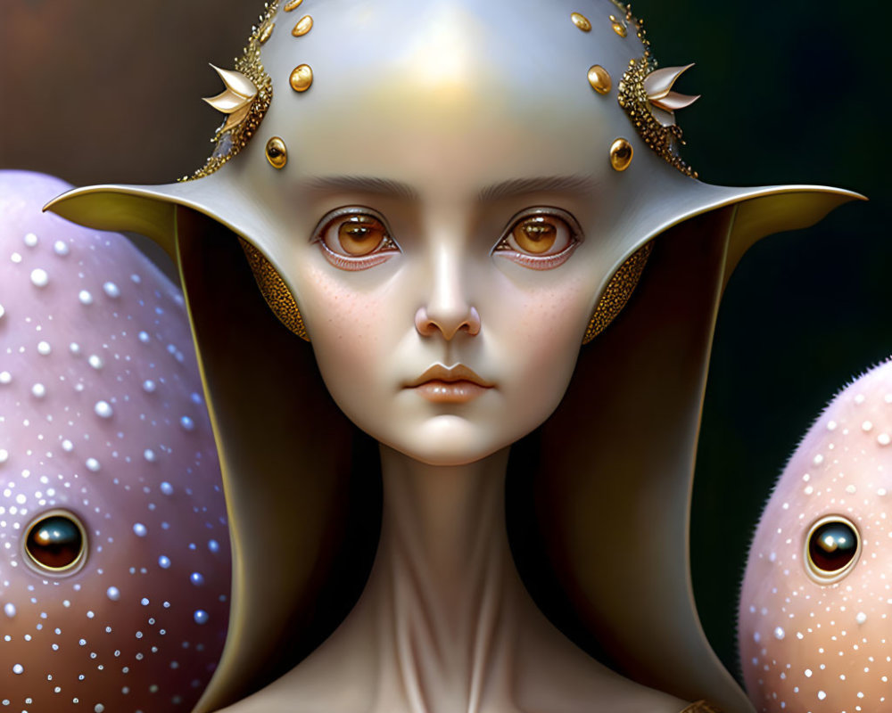 Fantasy portrait of character with elf-like ears and golden armor on dark background