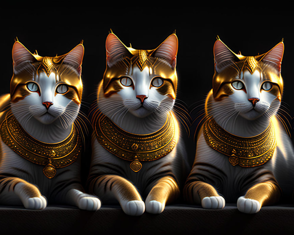 Five Cats with Blue Eyes and Gold Necklaces in a Row