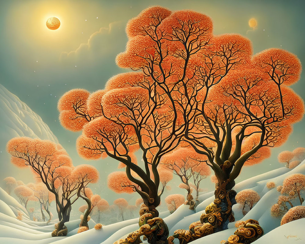 Vibrant coral-like trees, golden moon, snowy hills in surreal landscape