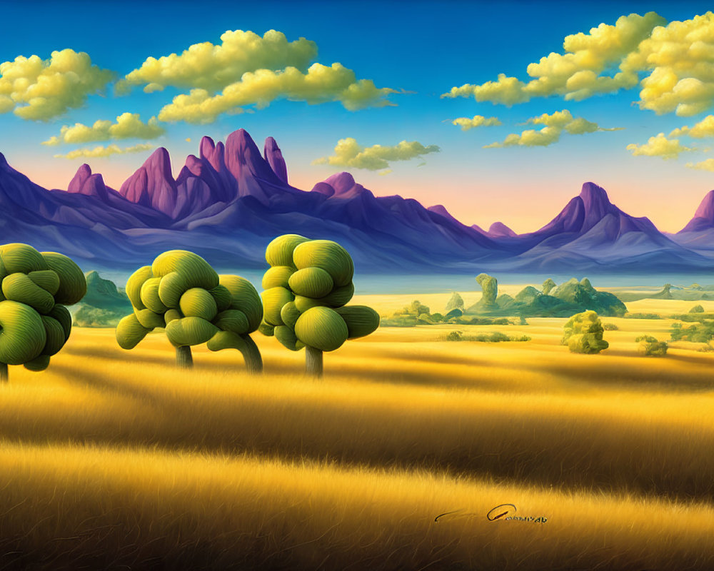 Vibrant landscape with stylized trees, golden fields, and purple mountains