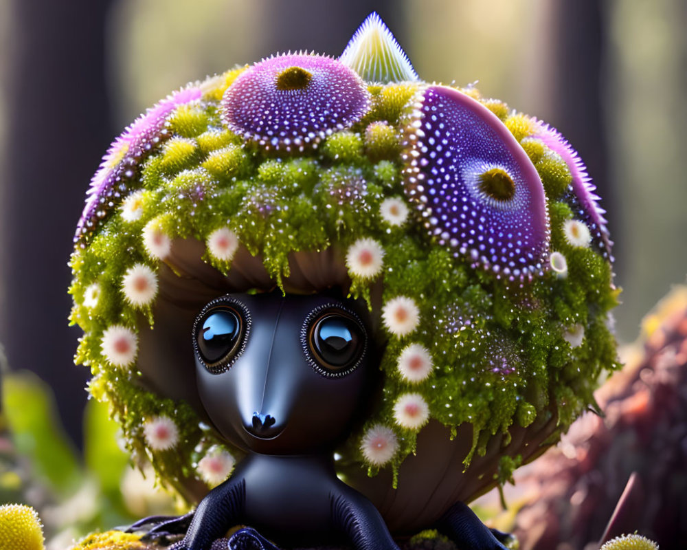 Whimsical mushroom cap figurine with flowers on blurred forest backdrop