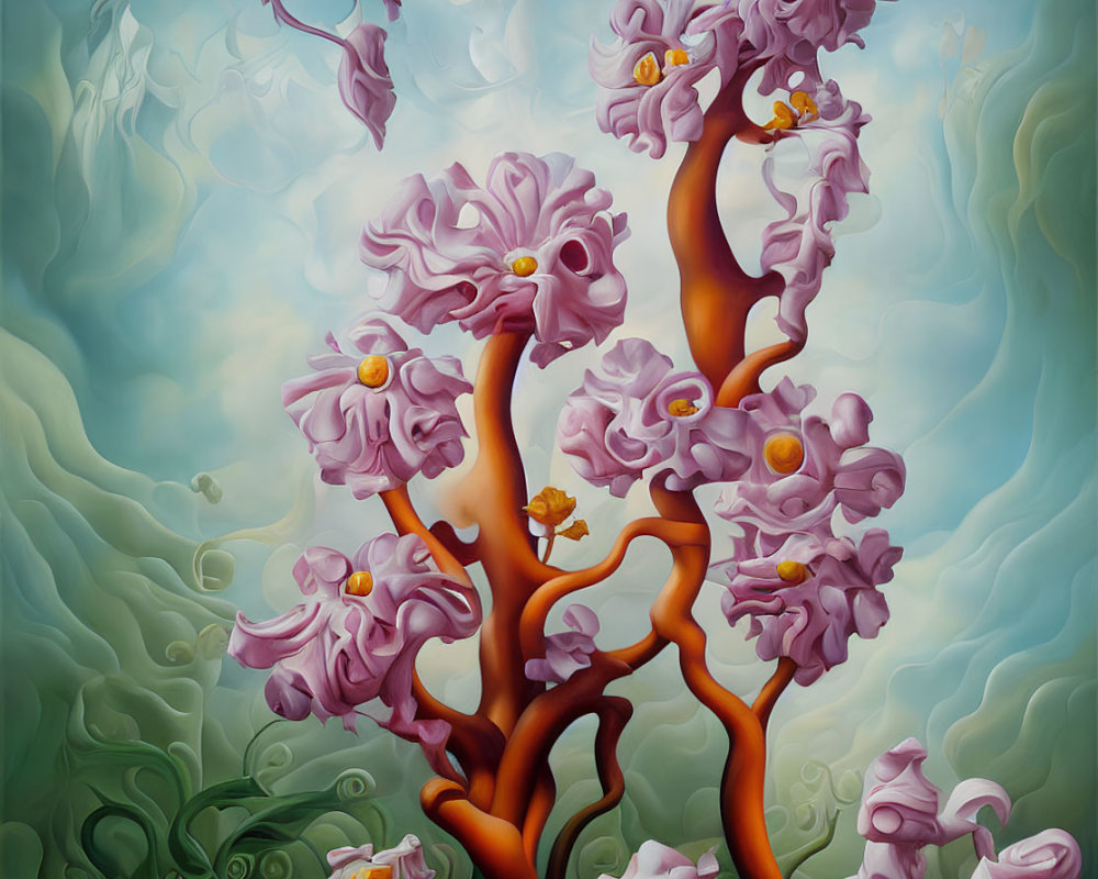 Vibrant surreal artwork: pink foliage, orange branches, golden orbs, swirling greenish-blue backdrop