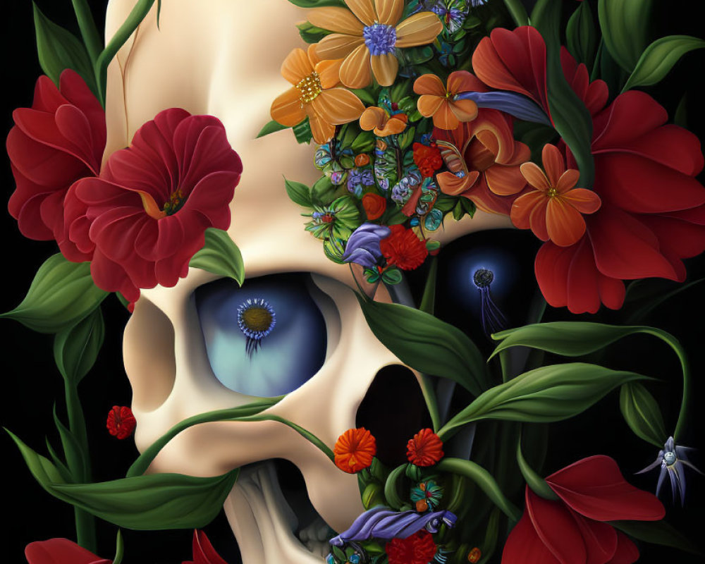 Colorful Flower Skull Illustration with Detailed Blue Eye