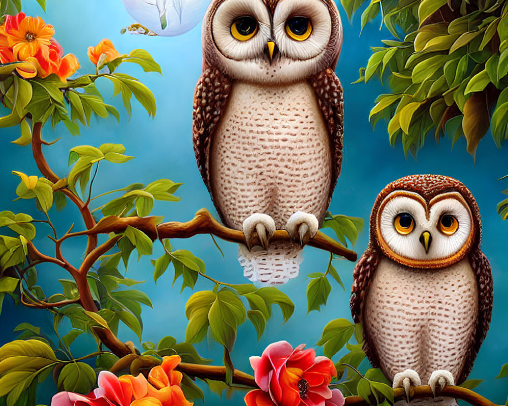 Stylized owls on branch with flowers and moon.